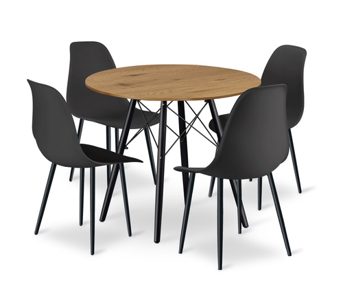 Zestaw Stół TODI Okrągły 80cm - dąb + 4 krzesła WAT czarne / nogi czarne