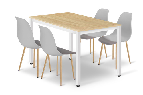 Zestaw Stół TESSA 120cm x 60cm - dąb / białe nogi + 4 krzesła WAT szare / nogi naturalne