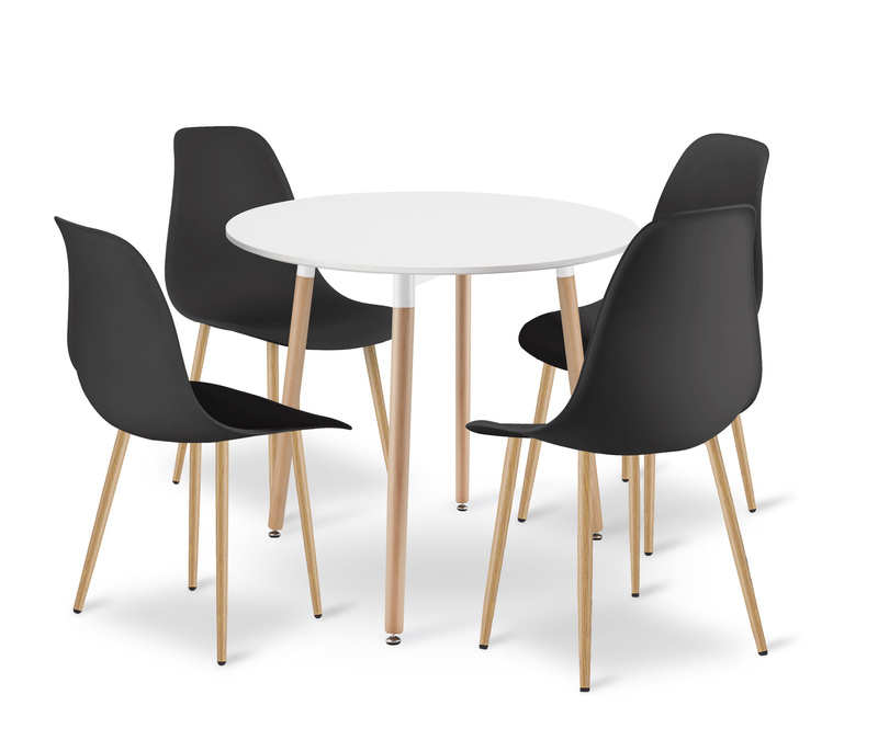 Zestaw Stół KAMI Okrągły 80cm - biały / naturalne nogi + 4 krzesła WAT czarne / nogi naturalne