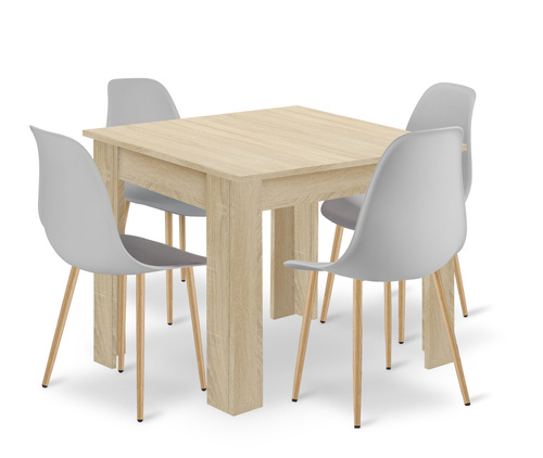 Zestaw Stół NP 80x80 Dąb Sonoma + 4 krzesła WAT szare / nogi naturalne