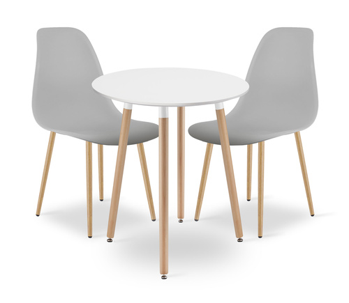 Zestaw Stół KAMI Okrągły 60cm - biały / naturalne nogi + 2 krzesła WAT szare / nogi naturalne