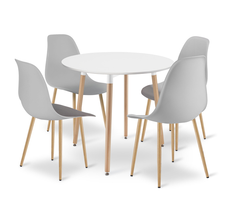Zestaw Stół KAMI Okrągły 80cm - biały / naturalne nogi + 4 krzesła WAT szare / nogi naturalne