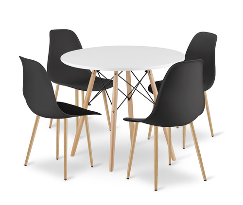 Zestaw Stół TODI Okrągły 80cm - biały + 4 krzesła WAT czarne / nogi naturalne