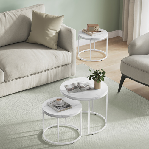 Stolik kawowy okrągły 2szt - marmur / nogi białe