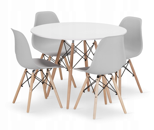 Zestaw stół okrągły TODI 100 biały + 4 krzesła OSAKA szare