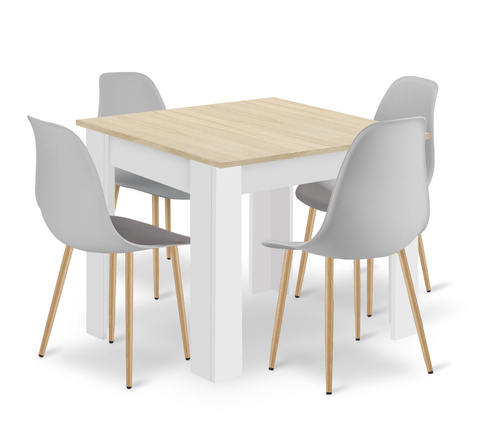 Zestaw Stół NP 80x80 Dąb Sonoma + Biały + 4 krzesła WAT szare / nogi naturalne