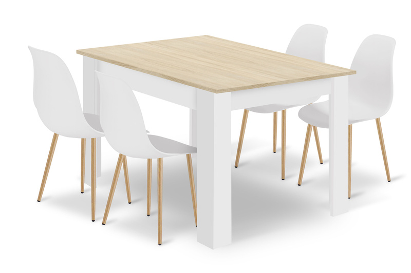 Zestaw Stół NP 120x80 Dąb Sonoma + Biały + 4 krzesła WAT białe / nogi naturalne