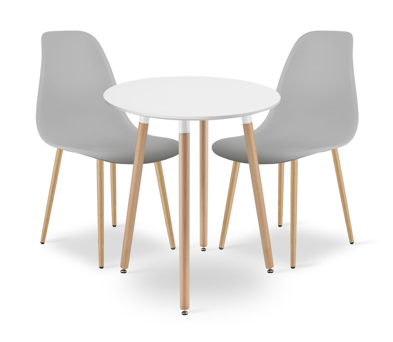 Zestaw Stół KAMI Okrągły 60cm - biały / naturalne nogi + 2 krzesła WAT szare / nogi naturalne