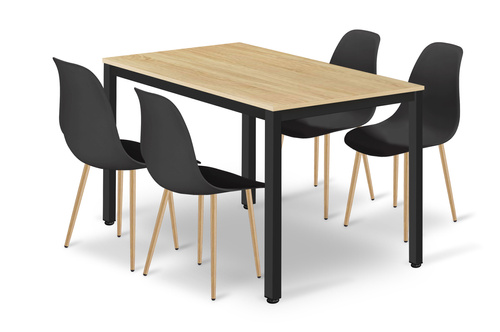 Zestaw Stół TESSA 120cm x 60cm - dąb / czarne nogi + 4 krzesła WAT czarne / nogi naturalne