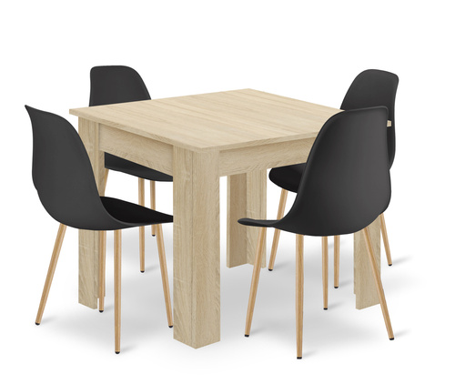 Zestaw Stół NP 80x80 Dąb Sonoma + 4 krzesła WAT czarne / nogi naturalne
