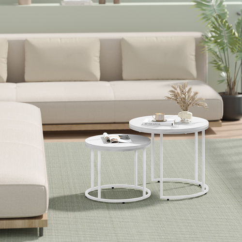 Stolik kawowy okrągły 2szt - marmur / nogi białe