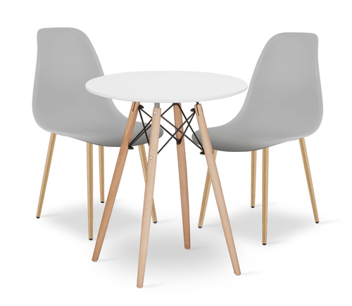 Zestaw Stół TODI Okrągły 60cm - biały + 2 krzesła WAT szare / nogi naturalne