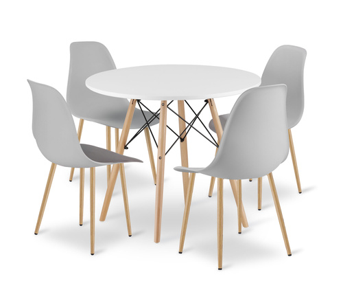 Zestaw Stół TODI Okrągły 80cm - biały + 4 krzesła WAT szare / nogi naturalne