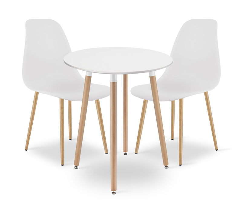 Zestaw Stół KAMI Okrągły 60cm - biały / naturalne nogi + 2 krzesła WAT białe / nogi naturalne
