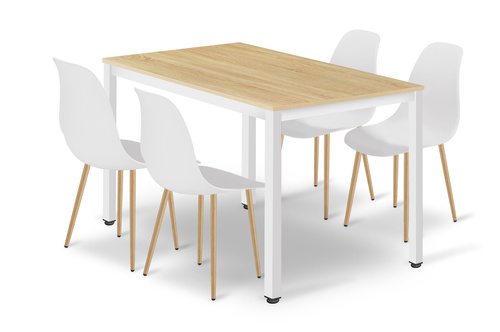 Zestaw Stół TESSA 120cm x 60cm - dąb / białe nogi + 4 krzesła WAT białe / nogi naturalne