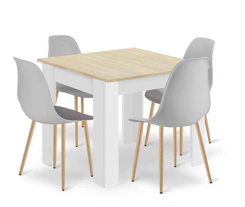 Zestaw Stół NP 80x80 Dąb Sonoma + Biały + 4 krzesła WAT szare / nogi naturalne