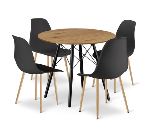 Zestaw Stół TODI Okrągły 80cm - dąb + 4 krzesła WAT czarne / nogi naturalne