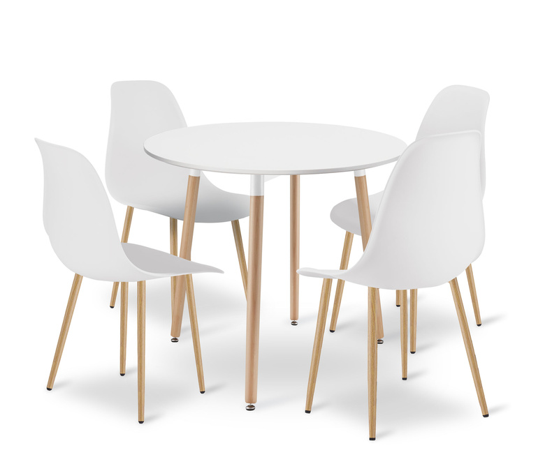 Zestaw Stół KAMI Okrągły 80cm - biały / naturalne nogi + 4 krzesła WAT białe / nogi naturalne