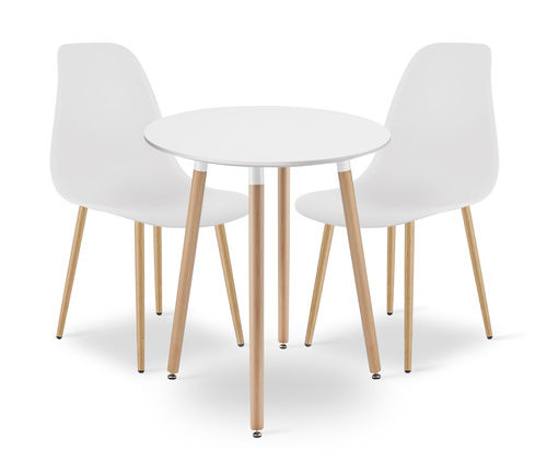 Zestaw Stół KAMI Okrągły 60cm - biały / naturalne nogi + 2 krzesła WAT białe / nogi naturalne