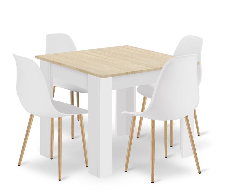 Zestaw Stół NP 80x80 Dąb Sonoma + Biały + 4 krzesła WAT białe / nogi naturalne