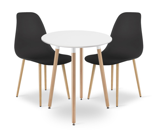 Zestaw Stół KAMI Okrągły 60cm - biały / naturalne nogi + 2 krzesła WAT czarne / nogi naturalne