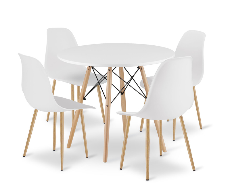 Zestaw Stół TODI Okrągły 80cm - biały + 4 krzesła WAT białe / nogi naturalne