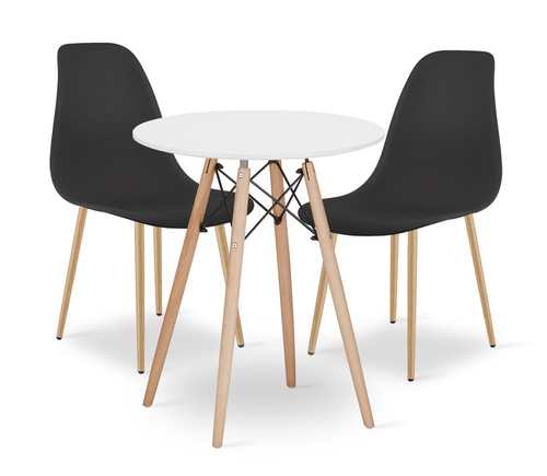 Zestaw Stół TODI Okrągły 60cm - biały + 2 krzesła WAT czarne / nogi naturalne