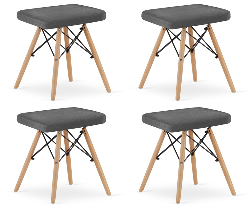 Taboret WERK - szary aksamit / nogi naturalne x 4