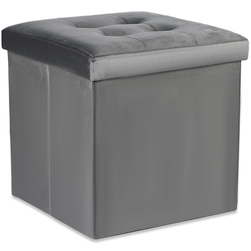 Pufa składana L z guzikami - 38x38x38cm aksamit szara